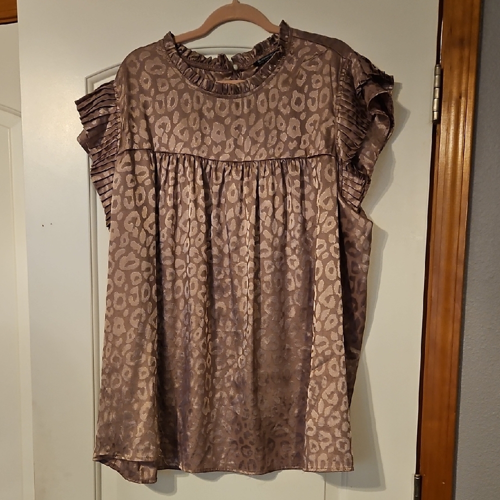 Womens Taupe Leopard Print Ruffle Sleeve Blouse